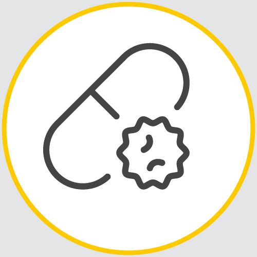 a drawing of the outline of a pill encased in a yellow circle